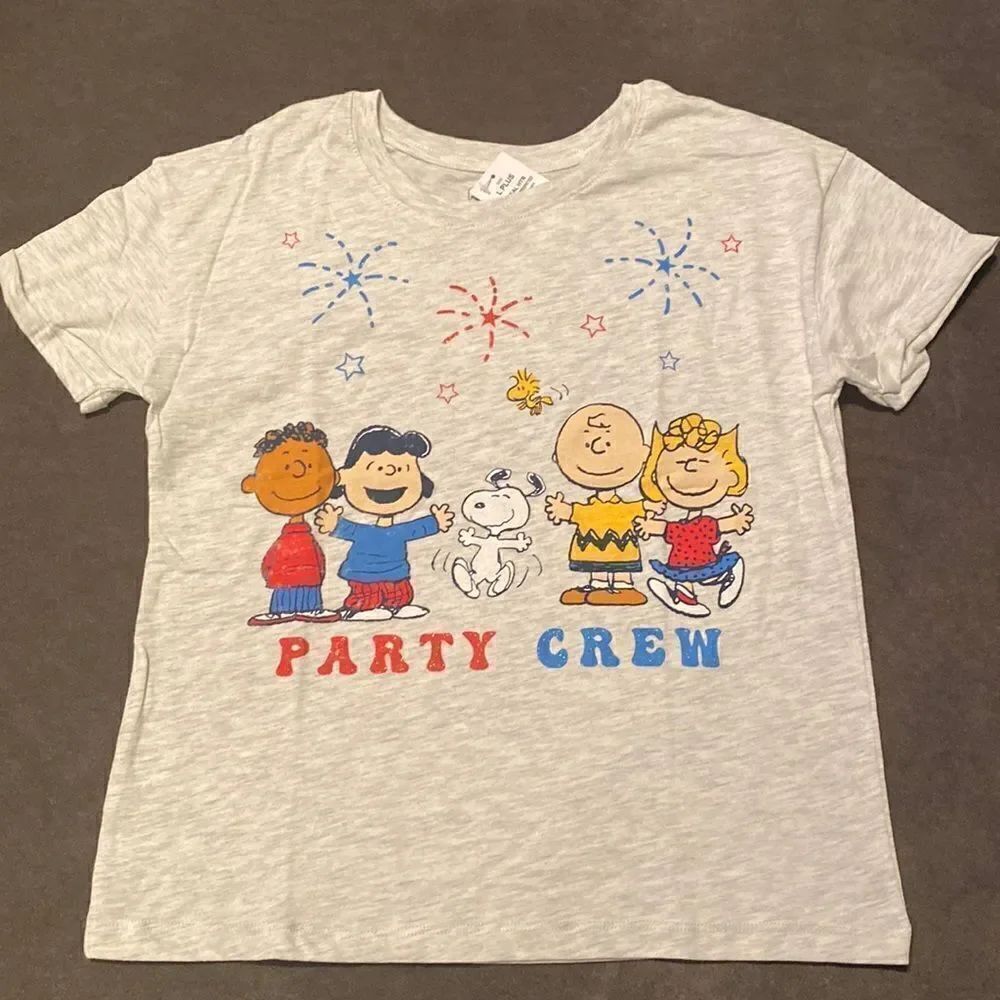 Kids Peanuts American Party Crew Red White & Blue Themed T-Shirt Size L Plus NWT